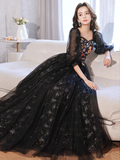A-Line long sleeves Tulle Lace Black Long Prom Dress HZ1024