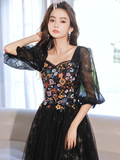A-Line long sleeves Tulle Lace Black Long Prom Dress HZ1024