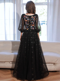 A-Line long sleeves Tulle Lace Black Long Prom Dress HZ1024