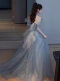 Sexy A line Straps Gray Tulle Long Prom Dress HZ1024