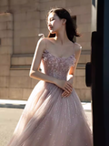 Sexy A line Straps Pink Tulle Long Prom Dress HZ1024