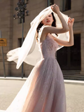 Sexy A line Straps Pink Tulle Long Prom Dress HZ1024