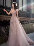 Sexy A line Straps Pink Tulle Long Prom Dress HZ1024