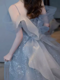 Sexy A line Straps Gray Tulle Long Prom Dress HZ1024