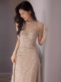Sexy Mermaid Halter Sequin Champagne Long Prom Dress HZ1024
