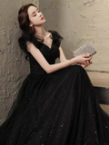 Elegant A line Puffy Sleeves Black Tulle Long Prom Dress HZ1024