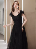 Elegant A line Puffy Sleeves Black Tulle Long Prom Dress HZ1024