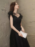 Elegant A line Puffy Sleeves Black Tulle Long Prom Dress HZ1024