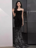 Elegant Mermaid Strapless Black Sequin Long Prom Dress HZ1024