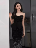 Elegant Mermaid Strapless Black Sequin Long Prom Dress HZ1024