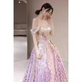 Elegant A line Strapless Lilac Sequin Long Prom Dress HZ1024