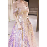 Elegant A line Strapless Lilac Sequin Long Prom Dress HZ1024