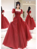 Elegant A line Puffy Sleeves Burgundy Long Prom Dress HZ1024