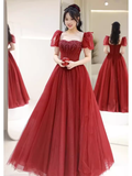 Elegant A line Puffy Sleeves Burgundy Long Prom Dress HZ1024