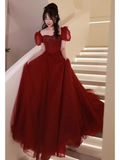 Elegant A line Puffy Sleeves Burgundy Long Prom Dress HZ1024