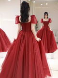 Elegant A line Puffy Sleeves Burgundy Long Prom Dress HZ1024