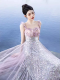 Elegant A line Short Sleeves Long Lilac Prom Dress HZ1024