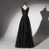 Elegant A line V Neckline Tulle Long Black Prom Dress HZ1024