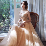 Elegant A line V Neckline Tulle Long Champagne Prom Dress HZ1024