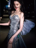 Elegant Mermaid Strapless Long Sequin Silver Prom Dress HZ1024