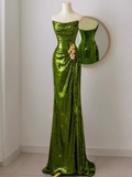 Elegant Mermaid Strapless Long Sequin Green Prom Dress HZ1024