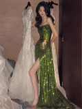 Elegant Mermaid Strapless Long Sequin Green Prom Dress HZ1024