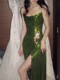 Elegant Mermaid Strapless Long Sequin Green Prom Dress HZ1024