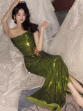 Elegant Mermaid Strapless Long Sequin Green Prom Dress HZ1024