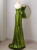 Elegant Mermaid Strapless Long Sequin Green Prom Dress HZ1024