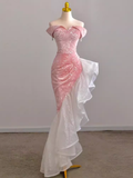 Elegant High Low Strapless Sequin Pink Velvet Prom Dress HZ1024