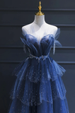 A line Royal Blue Tulle Beaded Long Senior Prom Dress HZ1022