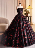 Black and Red Floral Tulle Long Strapless Formal Sweet 16 Dress HZ1024