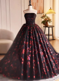 Black and Red Floral Tulle Long Strapless Formal Sweet 16 Dress HZ1024