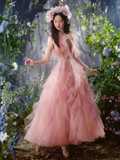 Lovely A line Pink Tulle Long Prom Dress HZ1024