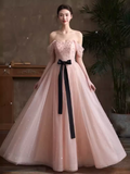 Lovely A line Pink Tulle Cap Sleeves Long Prom Dress HZ1024