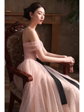 Lovely A line Pink Tulle Cap Sleeves Long Prom Dress HZ1024