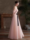 Lovely A line Pink Tulle Cap Sleeves Long Prom Dress HZ1024