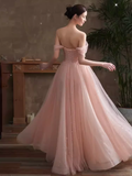 Lovely A line Pink Tulle Cap Sleeves Long Prom Dress HZ1024