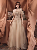 Lovely A line Off The Shoulder Tulle Cap Sleeves Champagne Prom Dress HZ1024