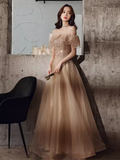 Lovely A line Off The Shoulder Tulle Cap Sleeves Champagne Prom Dress HZ1024