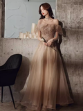 Lovely A line Off The Shoulder Tulle Cap Sleeves Champagne Prom Dress HZ1024