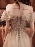 Lovely A line Off The Shoulder Tulle Cap Sleeves Champagne Prom Dress HZ1024