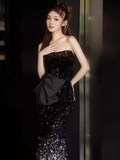 Lovely Mermaid Strapless Black Sequin Long Prom Dress HZ1024