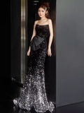 Lovely Mermaid Strapless Black Sequin Long Prom Dress HZ1024
