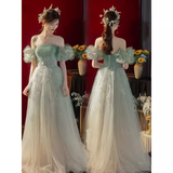 Lovely A line Off The Shoulder Mint Green Tulle Long Prom Dress HZ1024