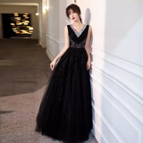 Lovely A line V Neckline Black Tulle Long Prom Dress HZ1024