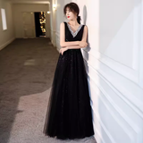 Lovely A line V Neckline Black Tulle Long Prom Dress HZ1024