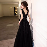 Lovely A line V Neckline Black Tulle Long Prom Dress HZ1024