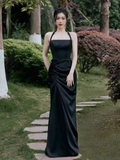 Sexy Mermaid Halter Black Satin Long Prom Dress HZ1024