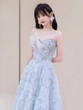 Sexy A line Strapless Blue Lace Long Prom Dress HZ1024